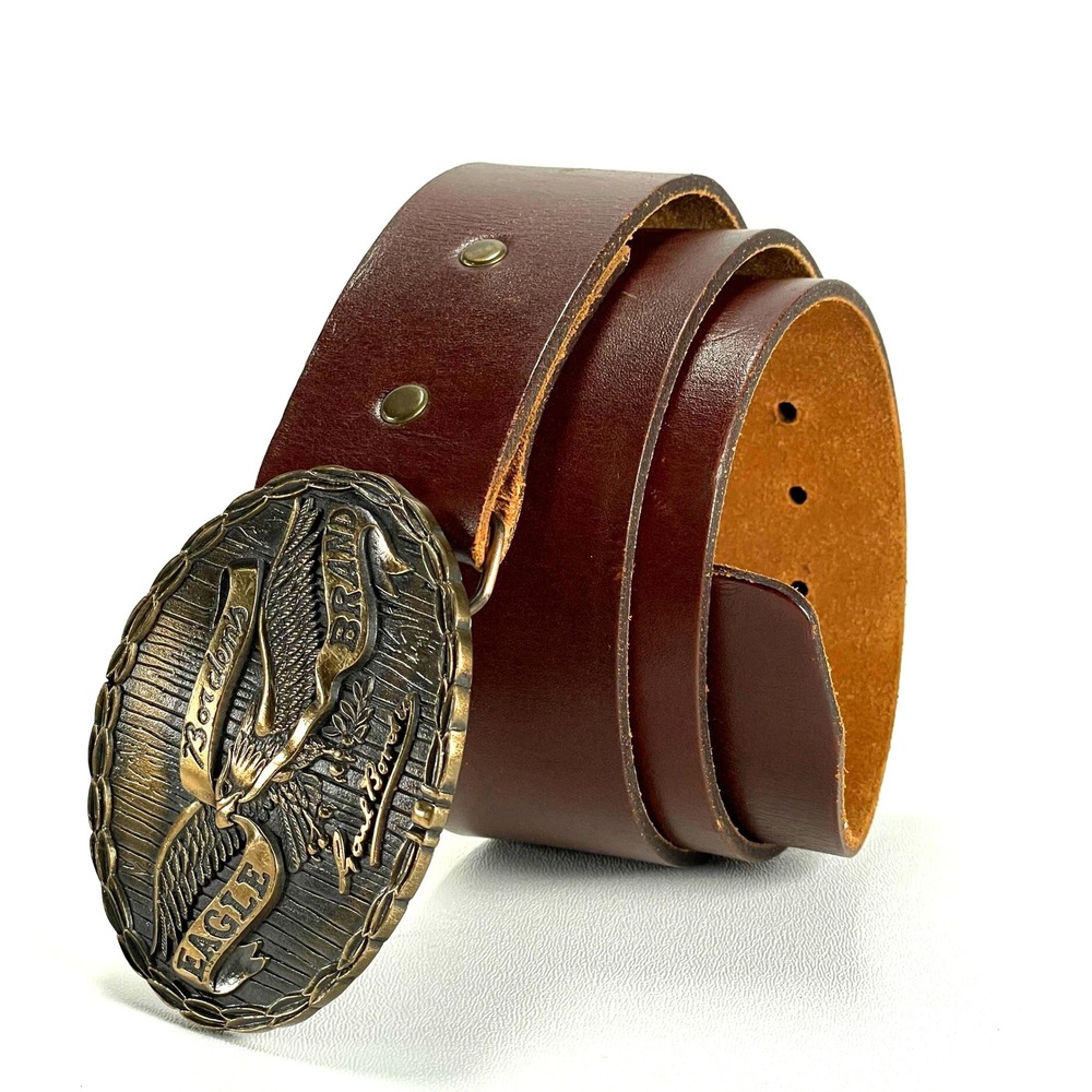 Vintage Buckle Belt‎ Eagle Brand Brass Hardware Medium Brown Leather RJ Roberts
